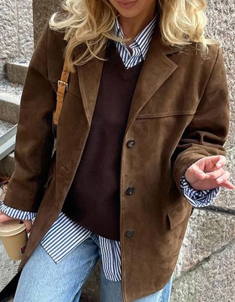 Casual Street Buttons Turndown Collar Outerwear Suede Jacket Outfit, Leather Blazer Women, Faux Leather Jacket Women, Suede Jacket Women, Winter Fashion Jackets, Leather Blazer Jacket, High Street Fashion, Faux Suede Jacket, Oversized Jacket