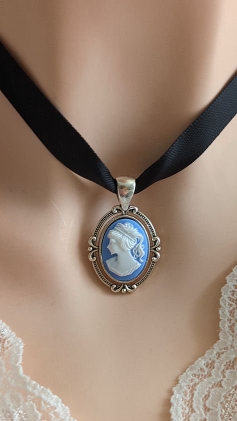 Blue Cameo Necklace, Black Ribbon Choker, Victorian Gothic Jewelry, Victorian Bridal Jewelry, Unique Gifts, Something Blue for Bride by PapillionEra on Etsy Victorian Era Necklace, Black Ribbon Choker Necklace, Black Ribbon Choker, Cameo Choker, Something Blue For Bride, Victorian Gothic Jewelry, Fairytale Gifts, Ribbon Choker Necklace, Victorian Accessories