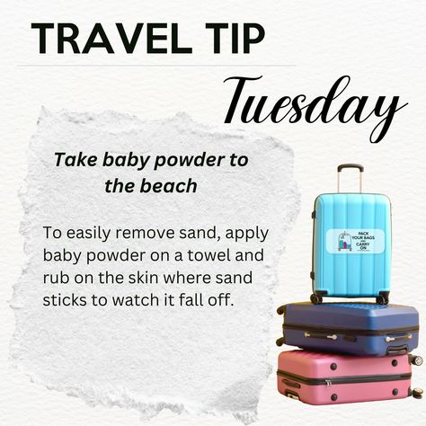 🏖️ It's Travel Tip Tuesday! 🏖️ Heading to the beach? Don't forget to bring along some baby powder! Sprinkle it on your skin to easily remove sand before heading back to your towel. No more gritty, sandy mess! Plus, it doubles as a refreshing way to keep cool and dry on those sunny days. Who knew baby powder could be your beach day hero? #PackYourBagsAndCarryOn #TravelTipTuesday #BeachLife Travel Tip Tuesday, Tip Tuesday, Travel Advisor, Packing Lists, Pack Your Bags, Baby Powder, Keep Cool, Travel Agent, Travel Bucket List