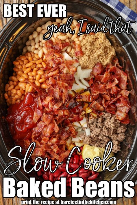 The BEST Slow Cooker Baked Beans Baked Beans Recipe Crockpot, Crock Pot Baked Beans, Beans Recipe Crockpot, Baked Beans Crock Pot, Slow Cooker Baked Beans, Best Baked Beans, Beans In Crockpot, Baked Beans With Bacon, Dude Food