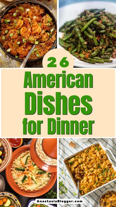 American Food for Lunch and Dinner American Meals Dinners, Classic American Food Recipes, Traditional American Recipes, Red White And Blue Dinner, All American Dinner Ideas, American Recipes Classic, American Party Food, American Dinner Ideas, Recipes From Other Countries