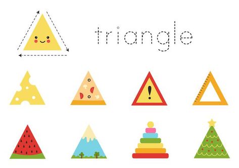 Geometric shapes for children. worksheet... | Premium Vector #Freepik #vector #geometric #education #cartoon #mountain Triangle Shape Objects, Triangle Objects, Triangles Activities, Shape Ideas, Shapes Preschool, Shapes Worksheets, Shapes For Kids, Learning Shapes, 2d Shapes