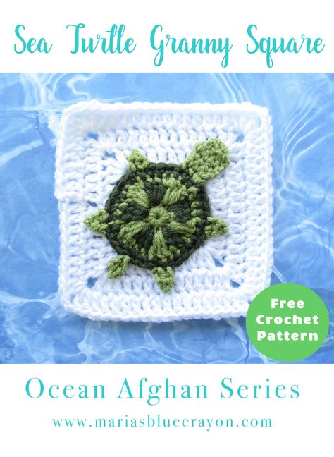 Crochet Sea Turtle Granny Square | Sea Turtle Applique | Free Crochet Pattern | Ocean Themed Granny Square Afghan Wave Granny Square, Beach Granny Square, Turtle Granny Square Crochet, Animal Granny Squares, Norse Crochet Patterns, Pretty Granny Squares, Ocean Crochet, Turtle Crochet Blanket, Fun Granny Squares