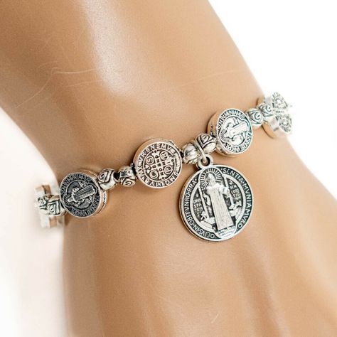 St Benedict Bracelet, Trinity Bracelet, St Benedict Medal, Rosary Jewelry, Silver Rosary, Benedict Medal, Large Pendant Necklace, Bracelets Handmade Diy, St Benedict