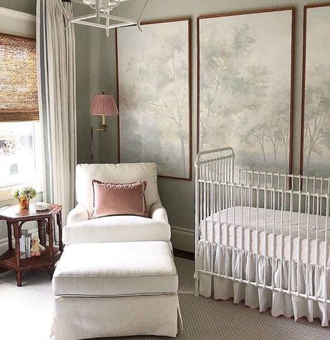 Jennifer Barron Interiors created this serene nursery with our scenic framed wallpaper panels. The original mural was hand-painted by fine artist Susan Harter. We create life-sized reproductios of her scenic landscapes in our studio, customizing each one for your project. Susan Harter, French Country Nursery, Framed Wallpaper Panels, Traditional Nursery, French Country Bedrooms, Scenic Wallpaper, Nursery Mural, Picture Frame Molding, Framed Wallpaper