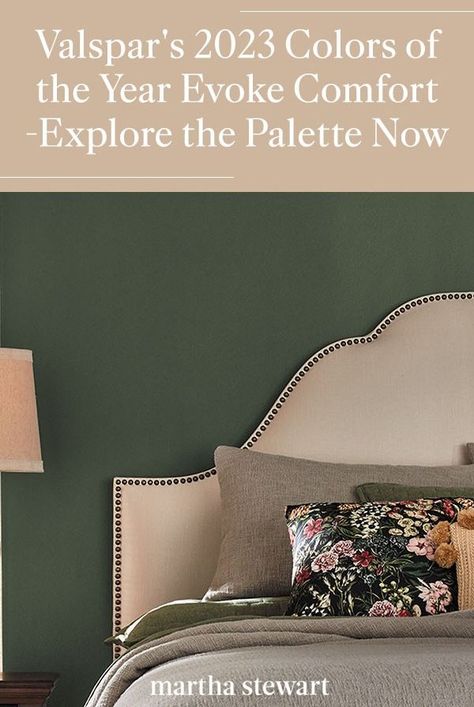 Valspar, a paint company, announced its 2023 Colors of the Year, which are meant to evoke comfort. Discover the 12 hues, which include muted shades and Earth tones. #paintcoloroftheyear #details #easyhomedecorideas #homedecorinspiration #homeimprovementideas #marthastewart Valspar Earth Tones Paint Colors, Valspar 2023 Color Of The Year, Valspar Paint Colors 2023, Bedroom Inspirations Earth Tones, Valspar Blue Paint Colors, Valspar Bedroom Paint Colors, 2023 Paint Colors Of The Year, Valspar Paint Colors Blue, Bedroom Paint Colors 2023