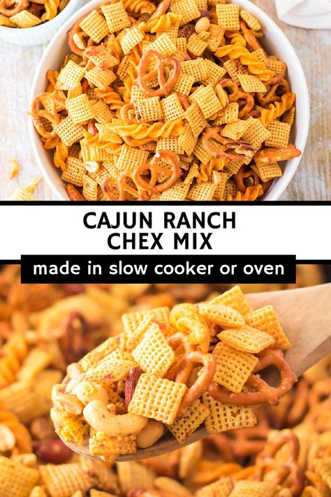 Cajun Chex Mix - bold, spicy, and full of texture. This party Chex mix recipe has everything -  a flavorful cajun spice blend paired with garlic, onion, butter, and ranch seasoning for a snack experience your guests will never forget! Throw it in the slow cooker, heat, and serve. | www.persnicketyplates.com Cajun Trail Mix Recipe, Cajun Snack Mix Recipe, Spicy Party Mix Recipe, Cereal Recipes Snacks, Chex Mix Crock Pot, Chex Mix Recipes Spicy, Ranch Chex Mix Recipes, Cajun Ranch, Spicy Chex Mix