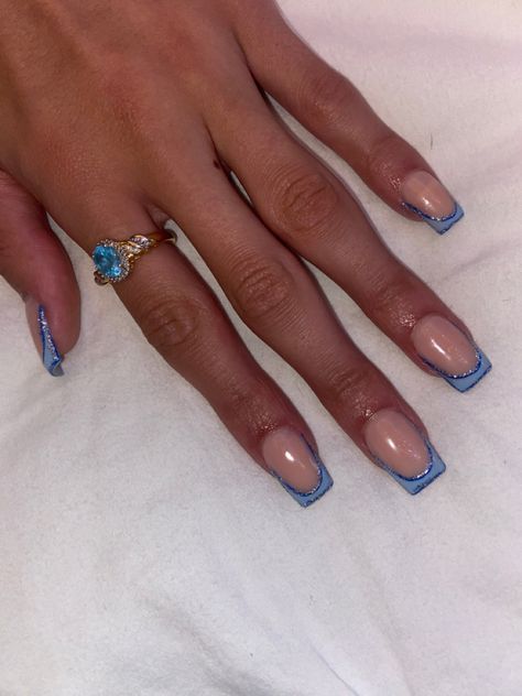 Cute French Tip Nails Acrylic Blue, Blue Tips Nails Square, Short Square Acrylic Nails Blue Glitter, Silver Nails Round, Blue Tip Nails Acrylic, Short Blue Square Acrylic Nails, Square Acrylic Nails Light Blue, Short Blue French Tip Acrylic Nails, Light Blue Nail Ideas Art Designs