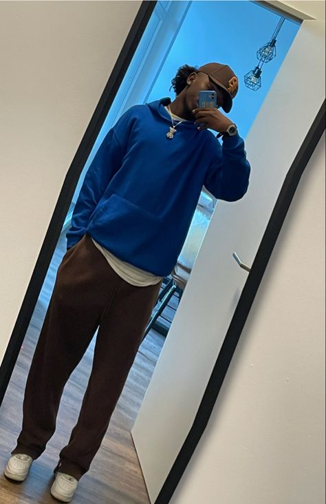 Brown Blue Outfit Men, Blue Beanie Outfit Men, Blue And Brown Outfit Men, Blue And Brown Outfit, Blue Outfit Men, Brown Outfits, Outfit Adidas, Adidas Forum, Brown Fits