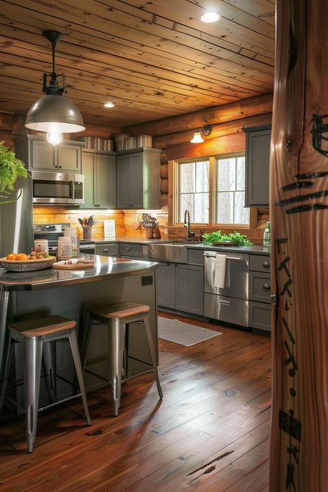 10+ Modern Log Cabin Kitchen Ideas to Spark Your Creativity - Vividly Aesthetic Modern Log Cabin Kitchen, Log Cabin Kitchens Cabinets, Small Log Cabin Kitchens, Small Cabin Kitchen Ideas, Log Home Kitchen Ideas, Rustic Log Cabin Kitchens, Log Cabin Kitchen Ideas, Cabin Kitchen Ideas, Small Cabin Kitchens