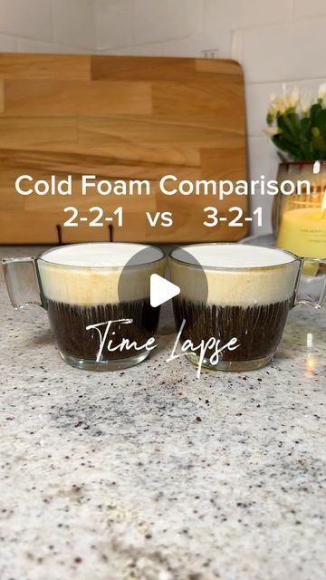 Sandra G | Coffee - Cafe ☕️ on Instagram: "Homemade Cold Foam Comparison   Making homemade cold foam is so easy! Here I show a time lapse of homemade cold foam on an iced coffee that last 30 minutes!  The common recipe is 3-2-1 -3 tbsp whipping cream -2 milk -1 syrup flavor  Why 2-2-1 is my preference: - Last just as long on top of a drink as 3-2-1 - Taste more like the flavor you add, this is the big one! - Less calories (1 tbsp of whipping cream is ~50 cal each)  Cold Foam Calories -3 tbsp whipping cream (3x50= 150 cal) -2 milk (unsweetend oat, 10 cal) -1 syrup flavor (SF = 0, but using regular ~45 cal) Total ~200 calories  Items used in video are linked in Amazon storefront Glasses @ikea Frothers @newenglandstories_kitchen   Yes my cats are savages 💀😼   #coffee #cafecito #primerocafec Espresso Cold Foam, Homemade Vanilla Sweet Cream Cold Foam, Maple Cold Foam, Almond Milk Cold Foam, How To Make Cold Foam, Cold Foam How To Make, Homemade Cold Foam, Cold Foam Recipe, 50 Cal