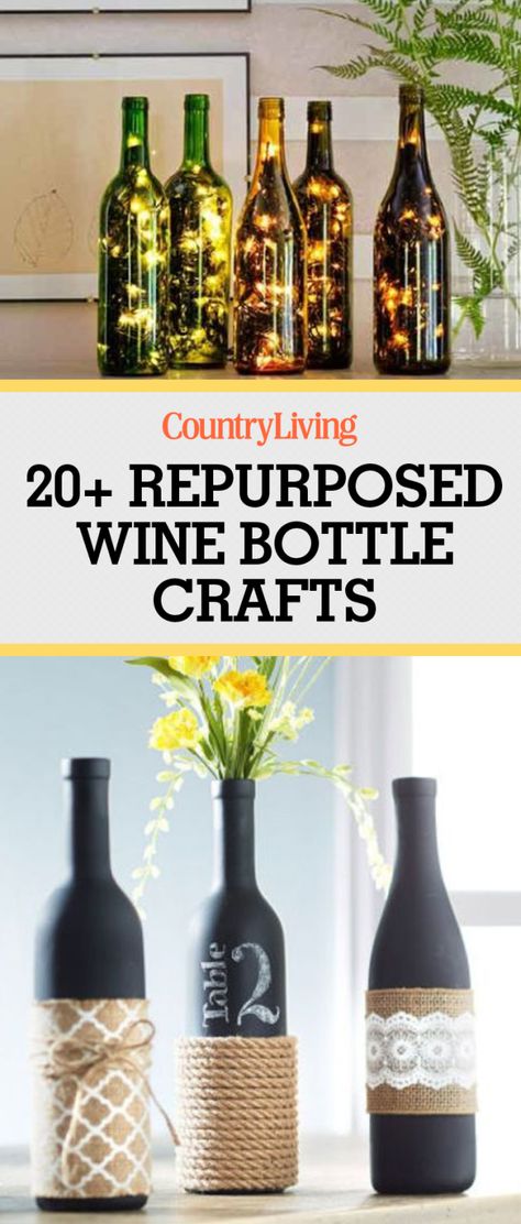 Save these repurposed wine bottle craft ideas for later by pinning this image and follow Country Living on Pinterest for more. Empty Wine Bottle Crafts, Repurposed Wine Bottles, Wine Bottle Project, Old Wine Bottles, Empty Wine Bottles, Wine Bottle Corks, Twinkly Lights, Wine Craft, Wine Bottle Art