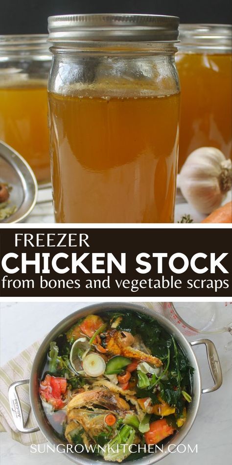 A pot of chicken bones and vegetable scraps to make jars of freezer chicken stock. Chicken Stock From Bones, Chicken Bone Broth Recipe, Make Chicken Broth, Chicken Broth Recipes, Chicken Stock Recipe, Stock Recipes, Vegetable Scraps, Homemade Chicken Stock, Bone Broth Recipe