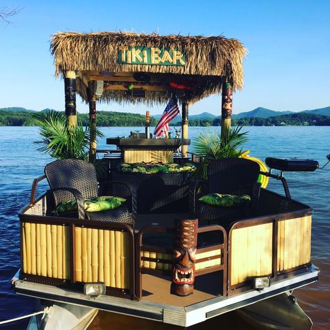 Aqua Tiki - Party Boats on Lake Chatuge in Hiawassee, Georgia Pontoon Tiki Bar, Tiki Bar Pontoon Boat, Tiki Pontoon Boat, Party Barge Pontoon Boats, Pontoon Boat Ideas Parties, Pontoon Boat Dock Ideas, Diy Party Barge, Party Boat Ideas, Pontoon Boat Decorating Ideas