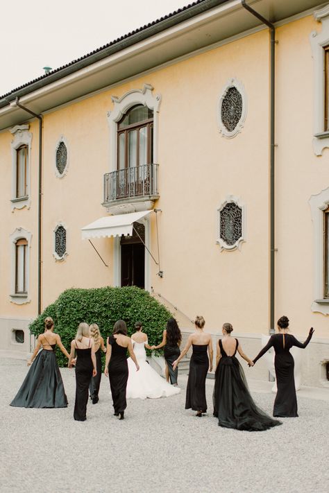 black bridesmaid dresses Vogue Wedding Bridesmaid, Editorial Bridesmaids Photos, Summer Black Bridesmaid Dresses, Bridesmaid Dresses Mismatched Black, Unique Black Bridesmaid Dresses, Old Money Bridesmaid Dresses, Black Mismatched Bridesmaid Dresses, Mismatched Black Bridesmaid Dresses, Black Bridesmaid Dresses Spring