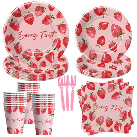 PRICES MAY VARY. 【Berry First Birthday Decorations】Celebrate your little one's first milestone with our charming strawberry first birthday party supplies dinnerware. Adorned with vibrant strawberry and whimsical designs, this theme adds a delightful touch to the celebration 【Serve 24 Guests】This strawberry plates party supplies for first birthday tableware set can accommodate up to 24 guests and includes everything you need: 24pcs 9'' berry first dinner plates, 24pcs 7'' strawberry 1st birthday Berry First Birthday Plates, New Years Eve 1st Birthday Party, Strawberry First Birthday Decorations, Strawberry Table Decorations, 1st Birthday Girl Strawberry Theme, Berry First Birthday Party Ideas, Berry One Birthday Theme, Strawberry One Year Old Party, Berry One Birthday