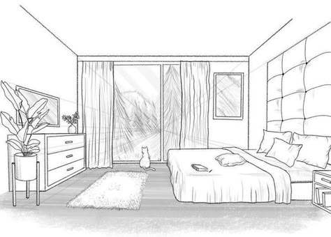 3d Bedroom Drawing, How To Draw A 3d Room, How To Draw A Bedroom, Rooms To Draw, Room Sketch Perspective, Perspective Drawing Bedroom, Dorm Room Drawing, Bedroom Sketch Perspective, Dream Room Drawing