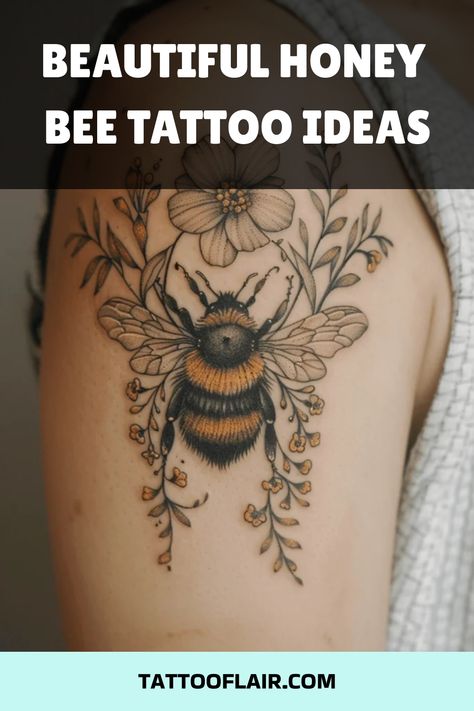 Honey bee tattoos are more than just trendy designs. They symbolize hard work, community, and the beauty of nature. Whether you want something simple or detailed, there’s a honey bee tattoo for everyone. Explore these ideas and find the perfect bee for your next ink. Realistic Honey Bee Tattoo This honey bee tattoo, placed on the inner arm, features a beautifully detailed design. The bee’s body showcases intricate black and yellow patterns, with delicate wings spreading out symmetrically. The sh Bee On Wrist Tattoo, Bumble Bee Tattoo With Flowers, Whimsical Bee Tattoo, Honey In The Rock Tattoo, Honey Bee And Flower Tattoo, Bee Tattoo Placement, Bee And Sunflower Tattoo, Honey Bee Tattoo Design, American Traditional Bee Tattoo