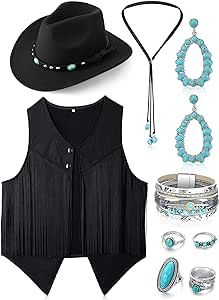 Suhine 9 Pcs Western Outfits for Women Cowgirl Tassel Sleeveless Vest Cowboy Hat Turquoise Jewelry Kit Cowgirl Black Dress, Womens Western Fashion Country, Western Vest Outfits For Women, Western Costume Women, 90s Country Fashion Women, Cute Cowgirl Outfits Party, Western Outfits Black Women, Curvy Western Outfits, Glam Cowgirl Outfit