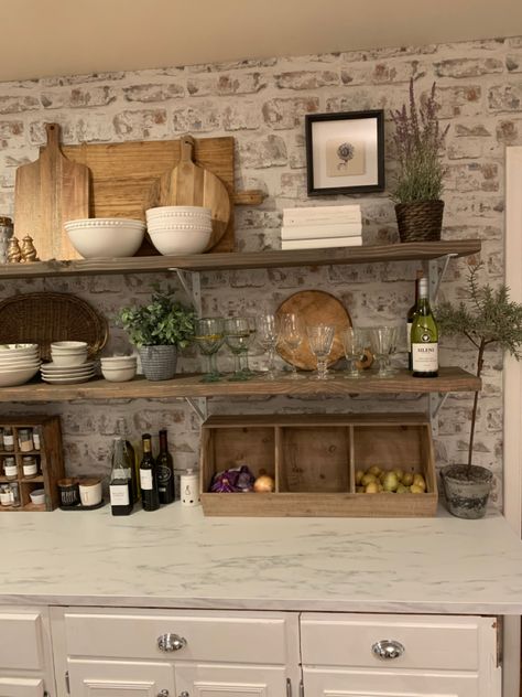 Brick Walls In Kitchen Ideas, Brick Effect Wallpaper In Kitchen, Stone Wallpaper In Kitchen, Open Shelving Small Kitchen Ideas, Open Shelves Kitchen Brick Wall, Rustic Kitchen Wallpaper, Rustic Marble Kitchen, Brick Kitchen Wallpaper, Peel And Stick Brick Kitchen