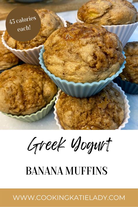 43 Calorie Greek Yogurt Banana Muffins Low Calories Healthy Desserts, Easy Low Calorie Banana Bread, Oatmeal Banana Muffins With Greek Yogurt, Healthy Baking With Greek Yogurt, Low Carb Banana Recipes Healthy, Healthy Low Cal Banana Bread, Healthy Low Calorie Banana Recipes, Low Carb Low Calorie Muffins, Healthy Recipes Deserts