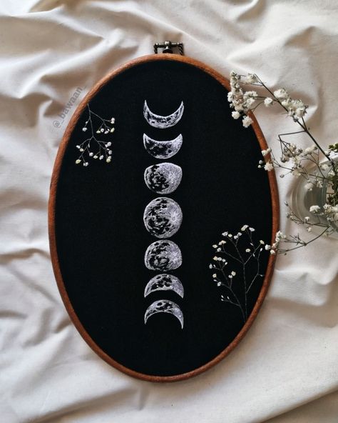 Moon, embroidery Moon Cycle Embroidery, Embroidered Moon Phases, Moon Embroidery Ideas, Embroidery Moon Phases, Half Moon Embroidery, Moon Star Embroidery, Embroidery Patterns On Black Fabric, Embroidery Moon Pattern, Moon Phase Embroidery