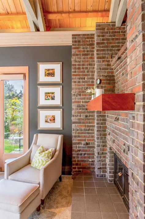 Red Brick Living Room, Red Brick Interior, Vaulted Wood Ceiling, Transitional Great Room, Red Brick Fireplace, Brick Living Room, Red Brick Fireplaces, Brick Room, Interior Wall Colors