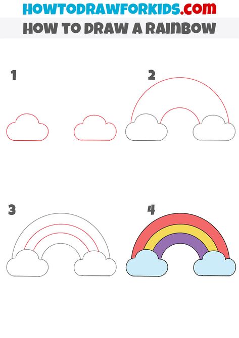 Basic Drawing For Kids Step By Step, How To Draw Rainbow, How To Draw A Rainbow, Rainbow Drawing For Kids, Step By Step Drawing For Kids, How To Draw For Kids, Kids Drawing Easy, Draw A Rainbow, Kids Colouring Printables