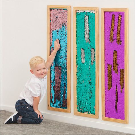 Mark Making Sequin Long Boards Sensory Gym, Round Room, Sensory Classroom, Sensory Seeker, Long Boards, Dream Classroom, Sequin Wall, Sensory Wall, Sensory Ideas