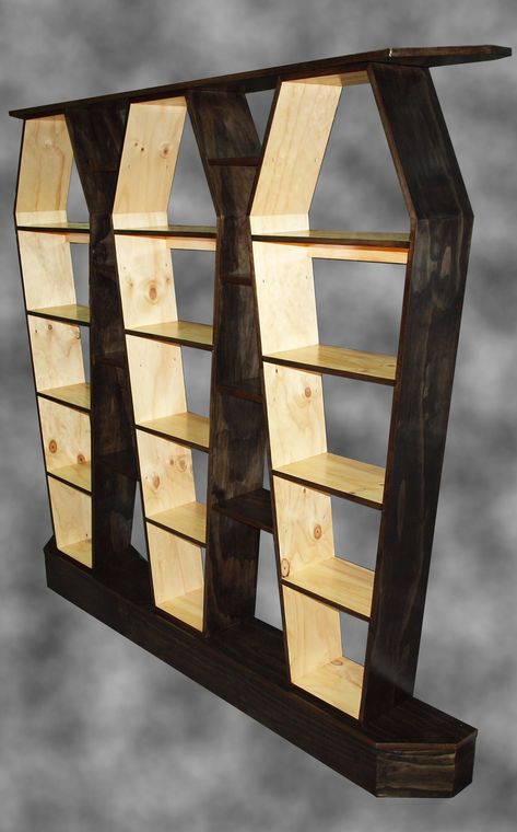 Coffin Cabinet Diy, Coffin Table Furniture, Coffin Hutch, Coffin Shaped Shelf, Gothic Furniture Diy Ideas, Cardboard Coffin Diy, Coffin Bookshelf Diy Plans, Coffin Shelf Diy Plans, Coffin Shelf Diy