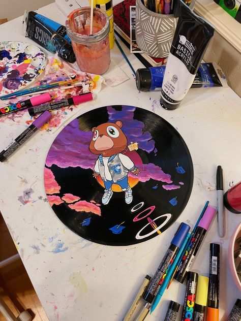 Kanye West Graduation Painting, Graduation Kanye Painting, Album Cover Art Painting, Kanye Painting Canvas, Album Covers Painting On Canvas, Album Art Painting, Painting Ideas Album Covers, Kanye Painting, Painted Album Covers