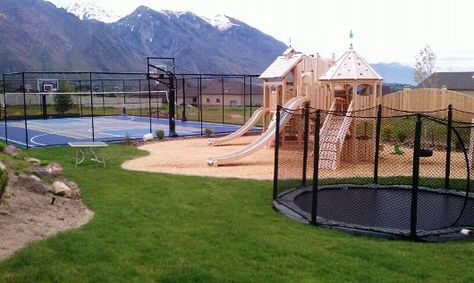 Sports court, Trampoline in the ground, Play ground, Backyard landscaping, Landscape contractor in Alpine, Utah. VERY similar to my uncles backyard setup! Play Ground Backyard, Trampoline Landscaping, Trampoline In The Ground, Trampoline Ideas, Kid Friendly Backyard, Cat Playground Outdoor, Backyard Sports, Backyard Toys, Sports Court