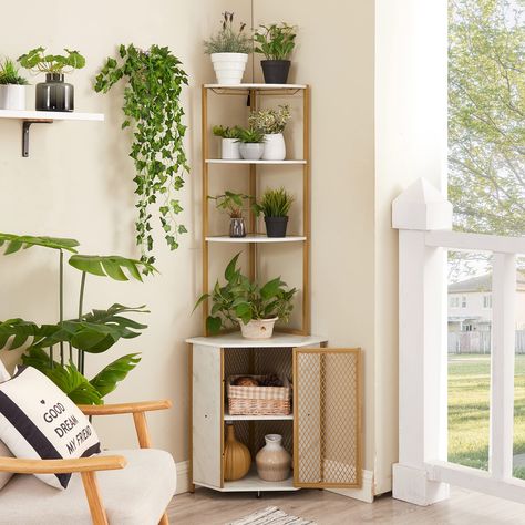 PRICES MAY VARY. 🌷【Attractive Shape】This modern corner shelf features fan-shaped wooden shelves paired with sleek gold metal frames, exuding a stylish charm that elevates any room. The unique design effortlessly fits into corners, providing an elegant space to display books, knickknacks, photo frames, plants, and other daily essentials. 🌷【Spacious Storage】This triangular-shaped corner cabinet features 4 open storage shelves (The top shelf includes glass holders), and a lower cabinet with 2 she Basket Corner Shelf, Window Corner Shelf, Protruding Corner Shelf, Corner Hallway Shelf, Diningroom Corner Shelf, Small Dining Room Corner Storage, Corner Shelf For Dining Room, Picture Shelf Living Room Corner, Corner Bookshelves Living Room Target