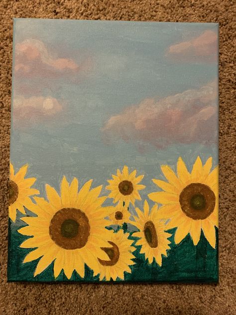 Ideas Painting Canvas, Easy Painting Ideas For Beginners, Daily Sketchbook, Acrylic Painting Ideas For Beginners, Field Of Sunflowers, Kids Canvas Art, Sunflower Drawing, Sky Art Painting, Easy Painting Ideas