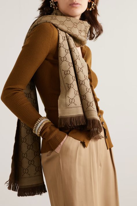 GUCCI + NET SUSTAIN Sten reversible fringed organic wool-jacquard scarf | NET-A-PORTER Gucci Shawl Outfit Scarfs, Fall Scarf Aesthetic, Louis Vuitton Scarf Outfit, Beige Scarf Outfit, Gucci Scarf Outfit, Gucci Tights Outfit, Scarf Aesthetic, Scarf Looks, Gucci Pattern