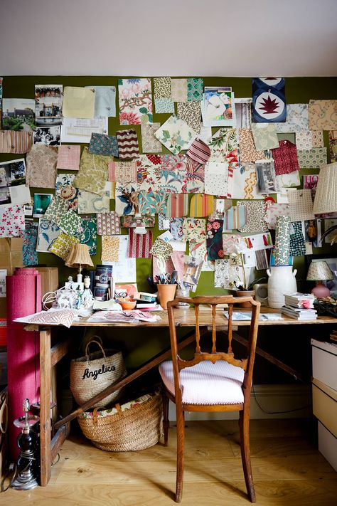 Angelica's office is open to the landing. The wooden trestle desk came from a church, while the walls are plastered with iron filings and so are fully magnetic, making them useful for samples. Wes Anderson Room, Bert And May Tiles, Cafe Blinds, Osborne And Little Wallpaper, Trestle Desk, Victorian Terraced House, Victorian Terrace House, London Home, Living Museum