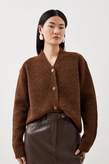 Women's Knitwear | Karen Millen US Brown Cardigan Outfit, Chocolate Brown Cardigan, Cosy Style, Minimalist Outfits, Fall Cardigans, Cardigan Brown, Brown Cardigan, Rib Knit Top, Stylish Coat