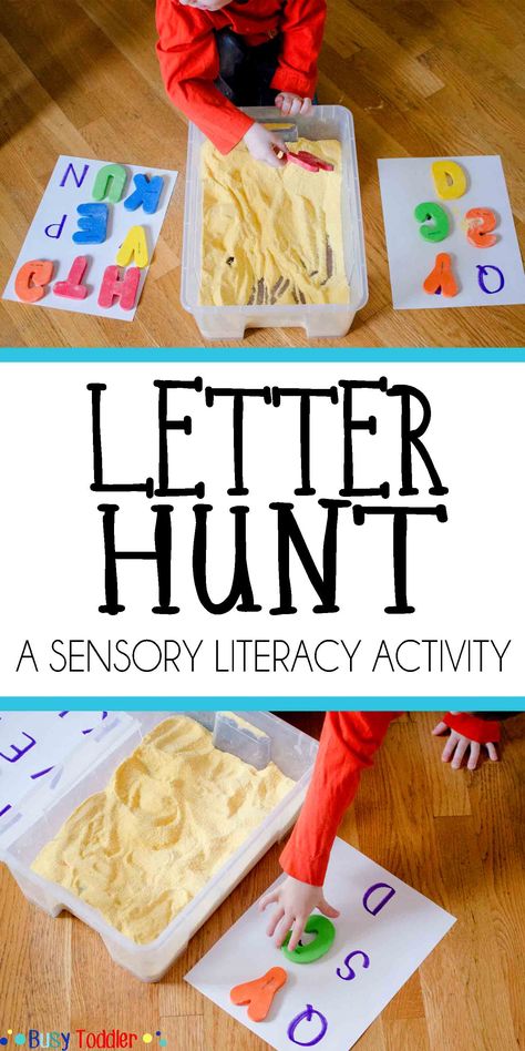 Letter Hunt for Early Literacy: A sensory literacy activity for toddlers and preschoolers learning the alphabet. Literacy Activity For Toddlers, Letter Hunt, Aktiviti Kanak-kanak, Activity For Toddlers, Abc Activities, Preschool Literacy, Aktivitas Montessori, Toddler Snacks, Toddlers And Preschoolers