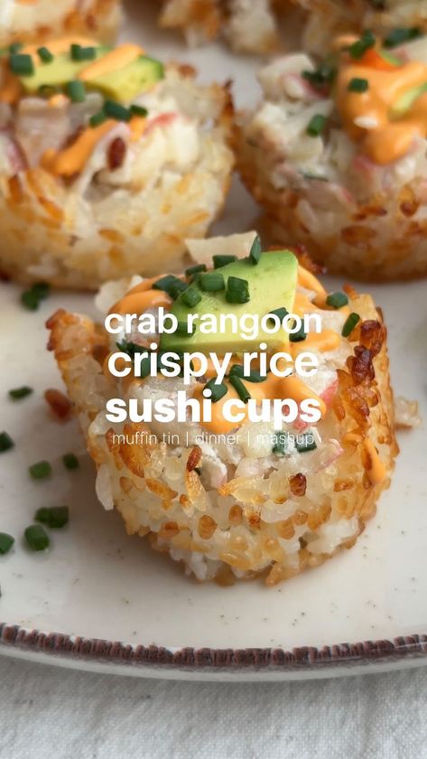 Erin Silberman | Crab Rangoon Crispy Rice Sushi Cups •Follow @seriousfoodfetish for more recipes, restaurant recs & food trends• You guys loved the recipe… | Instagram Foods To Eat With Chopsticks, Crab Rangoon Crispy Rice Cups, Crispy Shrimp Sushi Cups, Crab Rangoon Salad, Crab Rangoon Crispy Rice, Crab Rangoon Sushi Cups, Crispy Rice Sushi Cups, Crispy Rice Crab Bites, Muffin Tin Sushi Cups