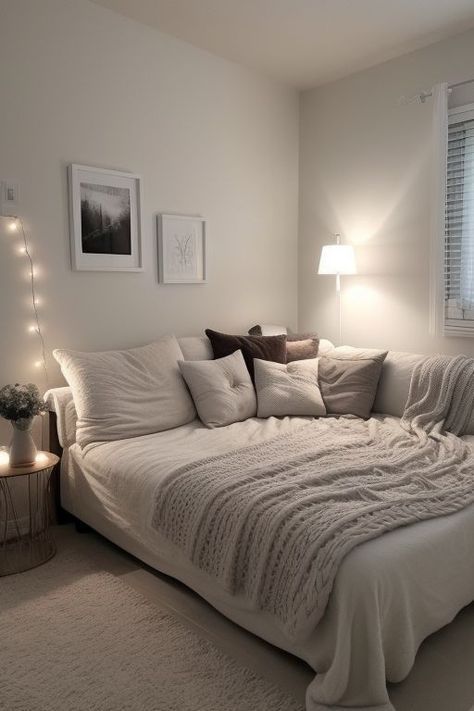 Bed Ideas Aesthetic Bedding & Blankets, Room Decor With 2 Beds, Room Ideas For Me And My Boyfriend, Gray Blanket Bedroom, Bedroom Inspirations Queen Bed, Bedroom Ideas Low Bed, Striped Bedroom Ideas, Comfy Room Inspiration, Room Decor Beige And White