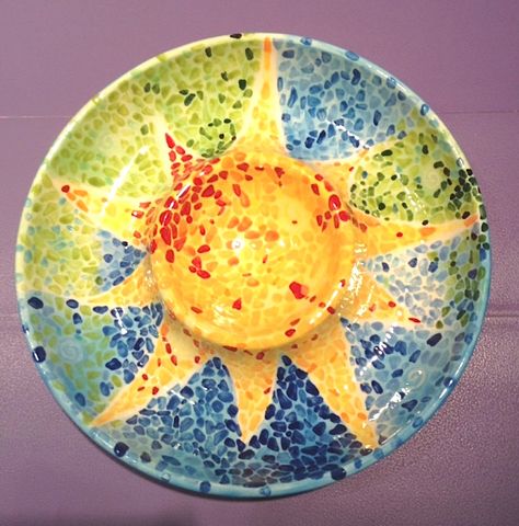 Sun Mosaic Chip & Dip | Paint Your Own Pottery | Paint Your Pot | Cary, North Carolina Colourful Ceramics, Sun Mosaic, Dip Paint, Dip Platter, Cary North Carolina, Painting Pottery, Bisque Pottery, Dip Bowls, Chip Bowl