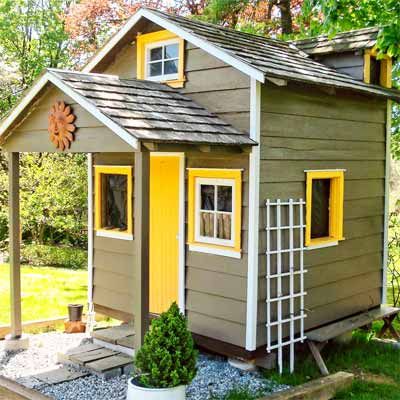 "This shed, built on our property in 1930, was originally a playhouse and then used briefly as a home. My husband, Bob, and I relocated it and turned it into a garden shed.  The color scheme was inspired by the orange quartz and gray schist on our 1809 stone house." Nancy Jordan  Thornton, Pennsylvania Gardening Storage, Shed Playhouse, Stone Porches, Shed Makeover, Small Sheds, Outdoor Buildings, Backyard Sheds, Potting Sheds, Garden Sheds