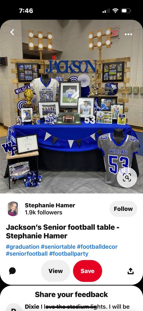 Football Opening Day Ideas, Senior Table Display Sports, College Signing Day Table Ideas Baseball, Senior Sports Table Ideas, Softball Senior Table Ideas, Baseball Senior Table Ideas, Graduation Sports Display, Softball Senior Night Table Ideas, Senior Football Table Ideas