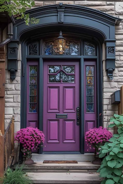 Purple Entry Door, Entrance Outside Ideas, Colored French Doors, Front House Colors Ideas, Stain Glass Doors Entrance, Amazing Front Doors, Cool Painted Doors, Decorative Doors Ideas, Purple Doors Front House