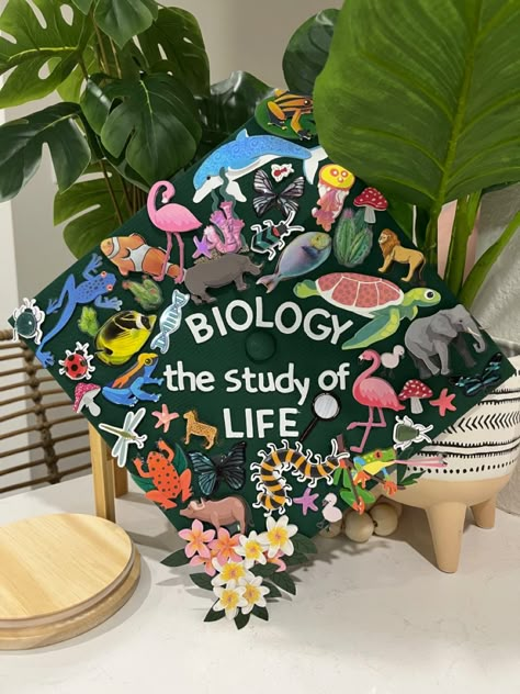 Ecology Graduation Cap, Zoology Graduation Cap, Biology Cap Decoration, Biology Major Graduation Pictures, Biology Grad Cap, Biology Graduation Cap, Science Graduation Cap, Graduation Cap Designs College, Manifesting 2024