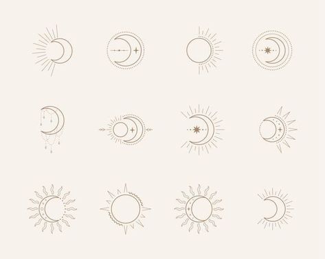 Dainty Moon And Sun Tattoo, Sun In Moon Tattoo, Sun And Crescent Moon Tattoo, Moon And Sun Logo, Small Spiritual Tattoos For Women, Tattoo Sol Y Luna, Tatoos Sun, Moon Logo Ideas, Little Moon Tattoo