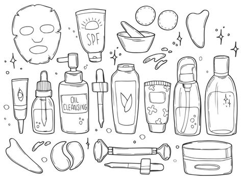 Skincare Drawing, Paper Skincare, Care Drawing, Drawing Transparent, 귀여운 음식 그림, Cosmetic Sets, Beauty Products Photography, Doodle Illustration, Beauty Illustration