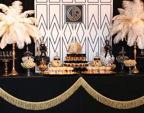 Remember our previous article,  The Great Gatsby Home Decor? This time we're shifting from prestigious interior design to a funky party theme! Imagine if you had to host the ultimate 1920s themed party next week, but have no idea how to impress your guests. No worries!  It's actually so simple that anyone can become a Great Gatsby Party Decorations, Gatsby Birthday Party, Gatsby Party Decorations, Art Deco Party, Great Gatsby Theme, 20s Party, 15 Birthday, Gatsby Themed Party, Gatsby Theme