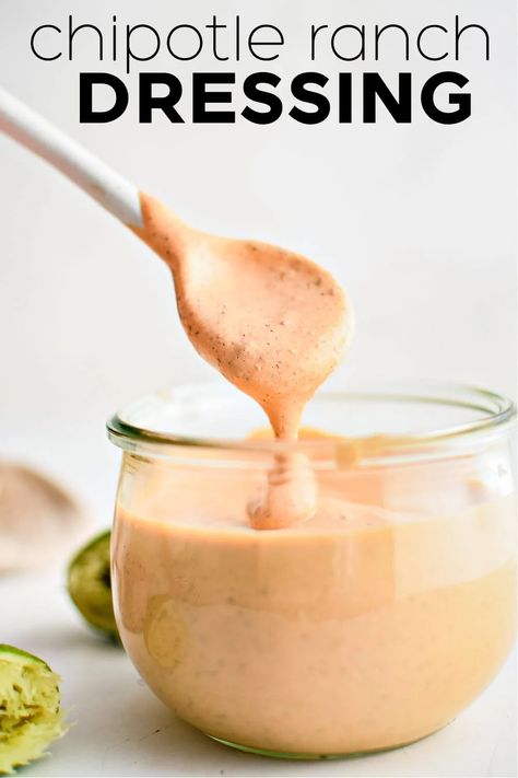 This thick and creamy Chipotle Ranch Dressing adds a smoky and slightly spicy twist to classic ranch dressing. Blend it up in just 10 minutes for a sensational dip or topping to salads, tacos, and so much more! Chipotle Ranch Dressing Recipe, Chipotle Chips, Spicy Ranch Dressing, Ranch Dressing Dip, Chipotle Ranch Dressing, Chipotle Dressing, Homemade Chipotle, Smoked Jalapeno, Salad Dressing Recipes Healthy