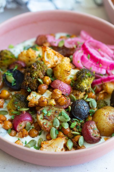 These Roasted Veggie Tzatziki Bowls are not only perfect for meal-prep but they're such a simple dinner that feels fancy but is ultimate so easy to throw together! Tzatziki Bowl Vegetarian, Plant Based Simple Meals, Roasted Veggie Bowls, Purple Cabbage Salad Recipe, Tzatziki Bowls, Garlic Buttered Noodles Recipe, Roasted Veggie Bowl, Favorite Dinner Recipes, Vegetarian Entree